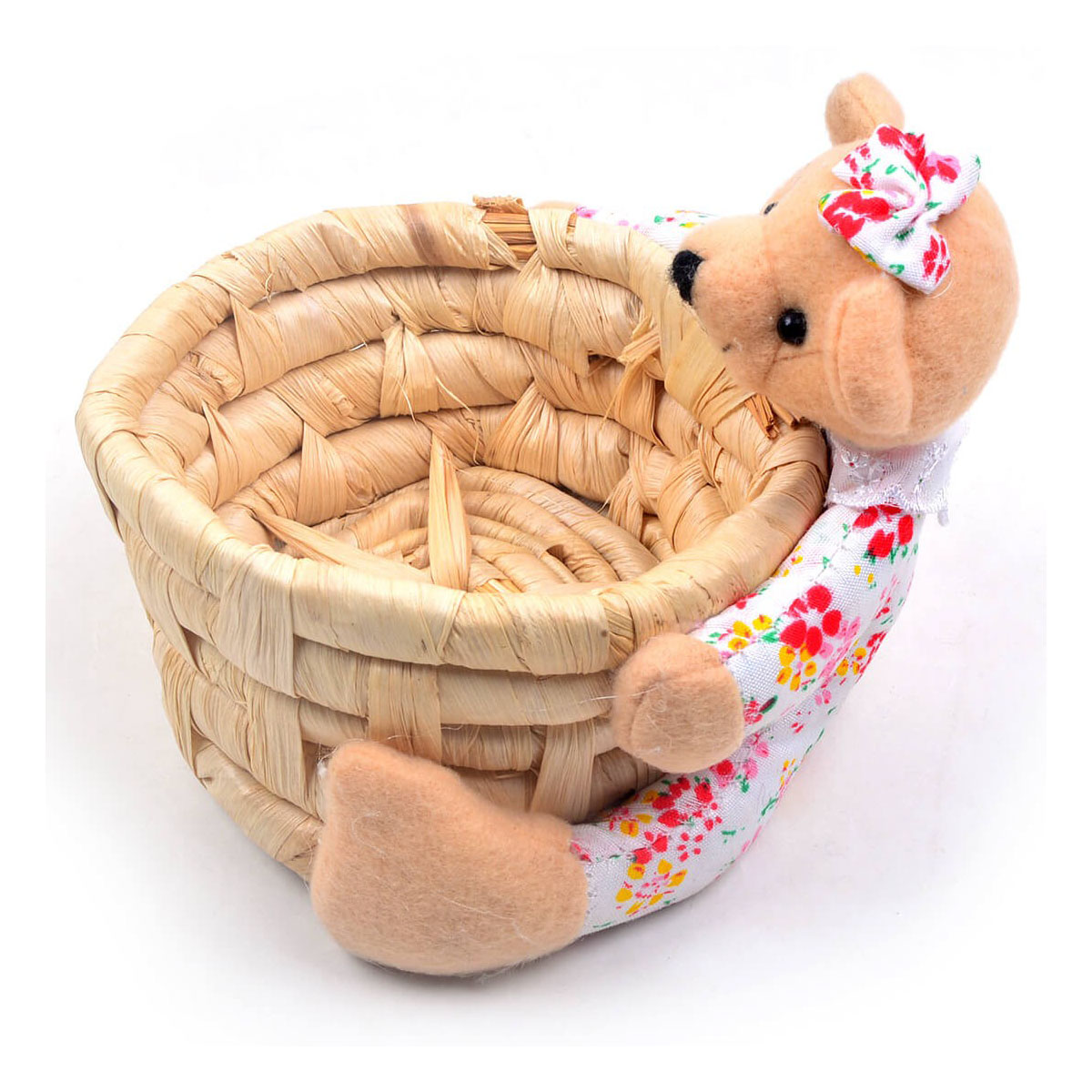 Cute Teddy Bear With Basket Pink Flowral